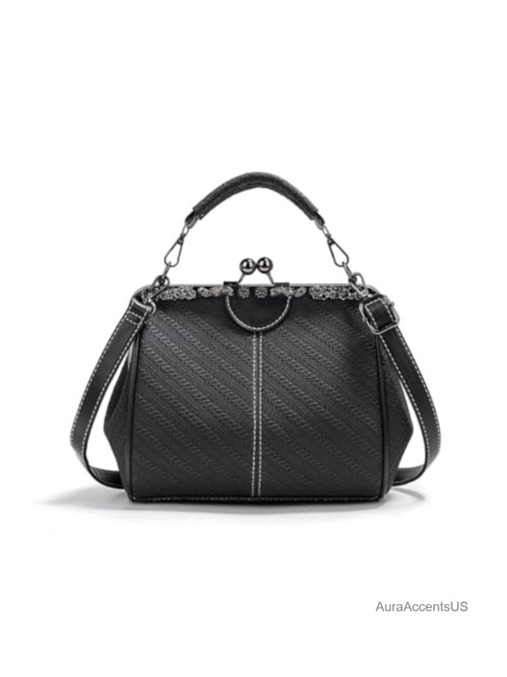 Vintage PU Leather Kiss Lock Crossbody Satchel Purse for Women Retro Hollow